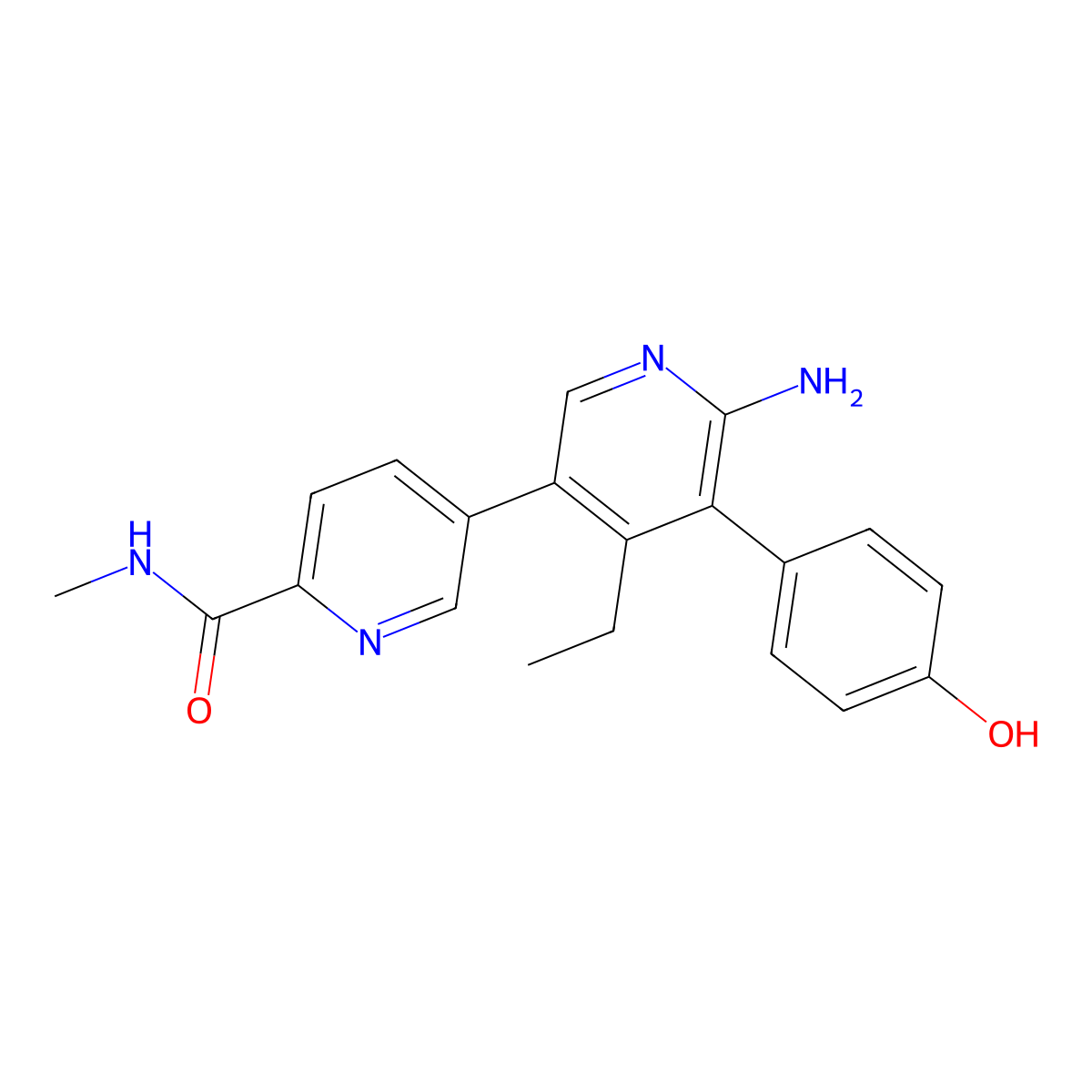 6'-amino-4'-ethyl-5'-(4-hydroxyphenyl)-N-methyl-[3,3'-bipyridine]-6-carboxamide molecular structure, CAS 2009273-71-4