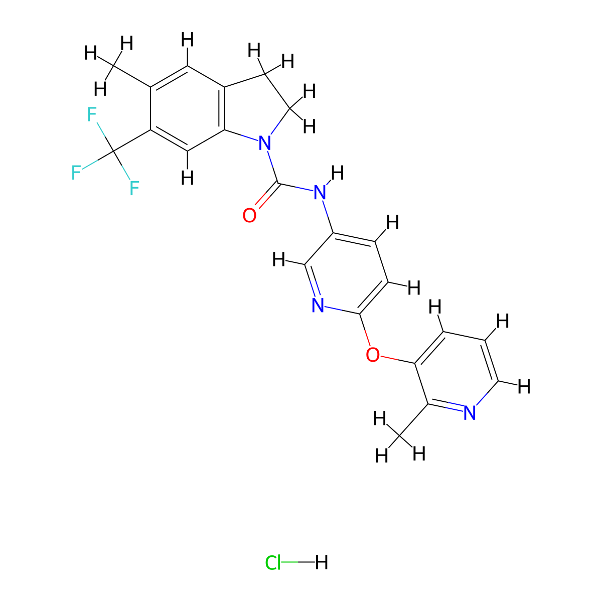 1H-Indole-1-carboxamide, 2,3-dihydro-5-methyl-N-[6-[(2-methyl-3-pyridinyl)oxy]-3-pyridinyl]-6-(trifluoromethyl)-, hydrochloride (1:1) molecular structure, CAS 200940-23-4