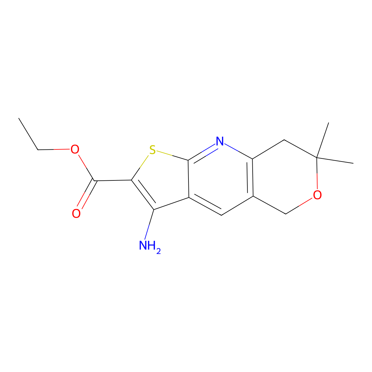 ethyl 3-amino-7,7-dimethyl-7,8-dihydro-5H-pyrano[4,3-b]thieno[3,2-e]pyridine-2-carboxylate molecular structure, CAS 200959-66-6