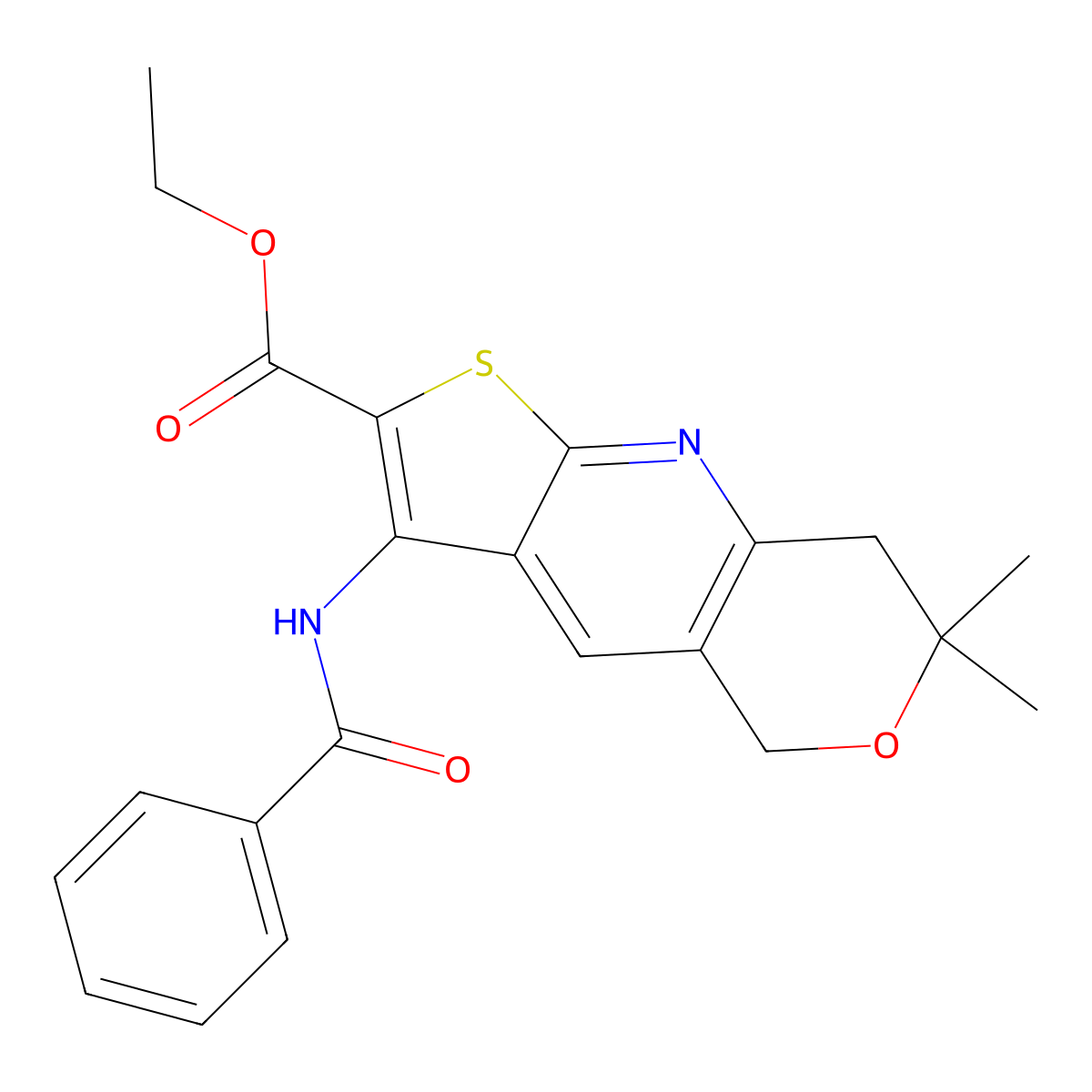 ethyl 3-benzamido-7,7-dimethyl-7,8-dihydro-5H-pyrano[4,3-b]thieno[3,2-e]pyridine-2-carboxylate molecular structure, CAS 200959-69-9