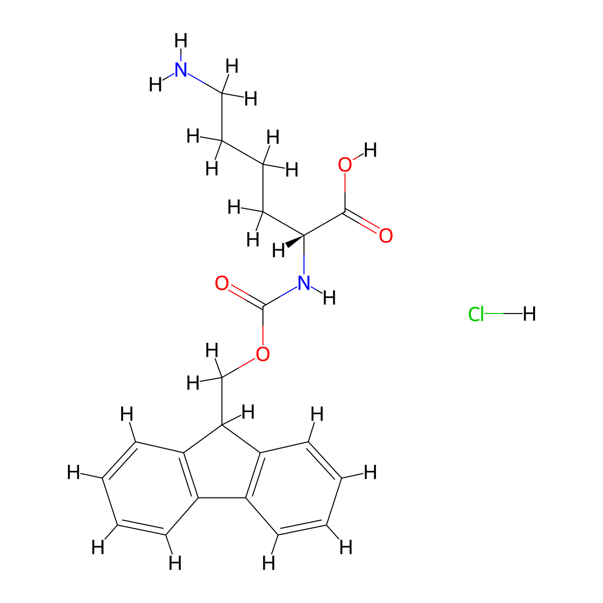 (R)-2-((((9H-Fluoren-9-yl)methoxy)carbonyl)amino)-6-aminohexanoic acid hydrochloride molecular structure, CAS 201002-47-3
