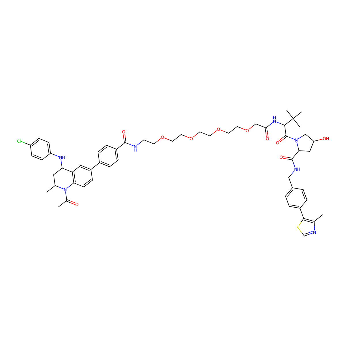 (2S,4R)-1-[(2S)-2-[[2-[2-[2-[2-[2-[[4-[(2S,4R)-1-acetyl-4-(4-chloroanilino)-2-methyl-3,4-dihydro-2H-quinolin-6-yl]benzoyl]amino]ethoxy]ethoxy]ethoxy]ethoxy]acetyl]amino]-3,3-dimethylbutanoyl]-4-hydroxy-N-[[4-(4-methyl-1,3-thiazol-5-yl)phenyl]methyl]pyrrolidine-2-carboxamide molecular structure, CAS 2010159-48-3