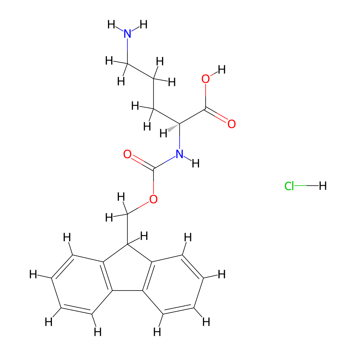 (2S)-5-amino-2-({[(9H-fluoren-9-yl)methoxy]carbonyl}amino)pentanoic acid hydrochloride molecular structure, CAS 201046-57-3