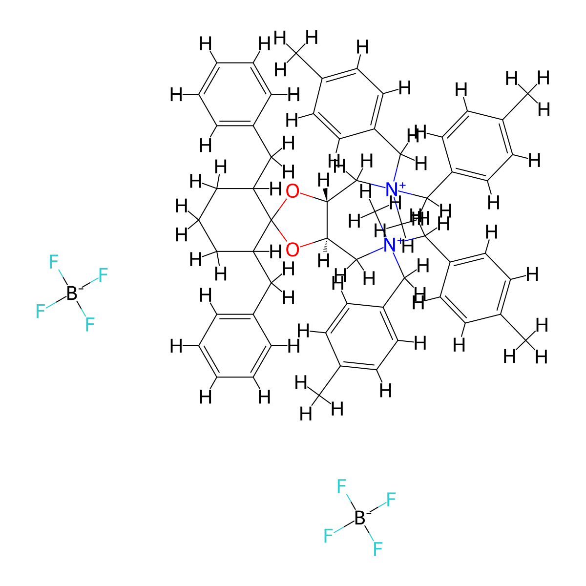 6,10-Dibenzyl-N,N'-dimethyl-N,N,N',N'-tetrakis(4-methylbenzyl)-1,4-dioxaspiro(4.5)decane-(2R,3R)-diylbis(methylammonium) Bis(tetrafluoroborate) (=(R,R)-TaDiAS-2nd) molecular structure, CAS 2010983-27-2
