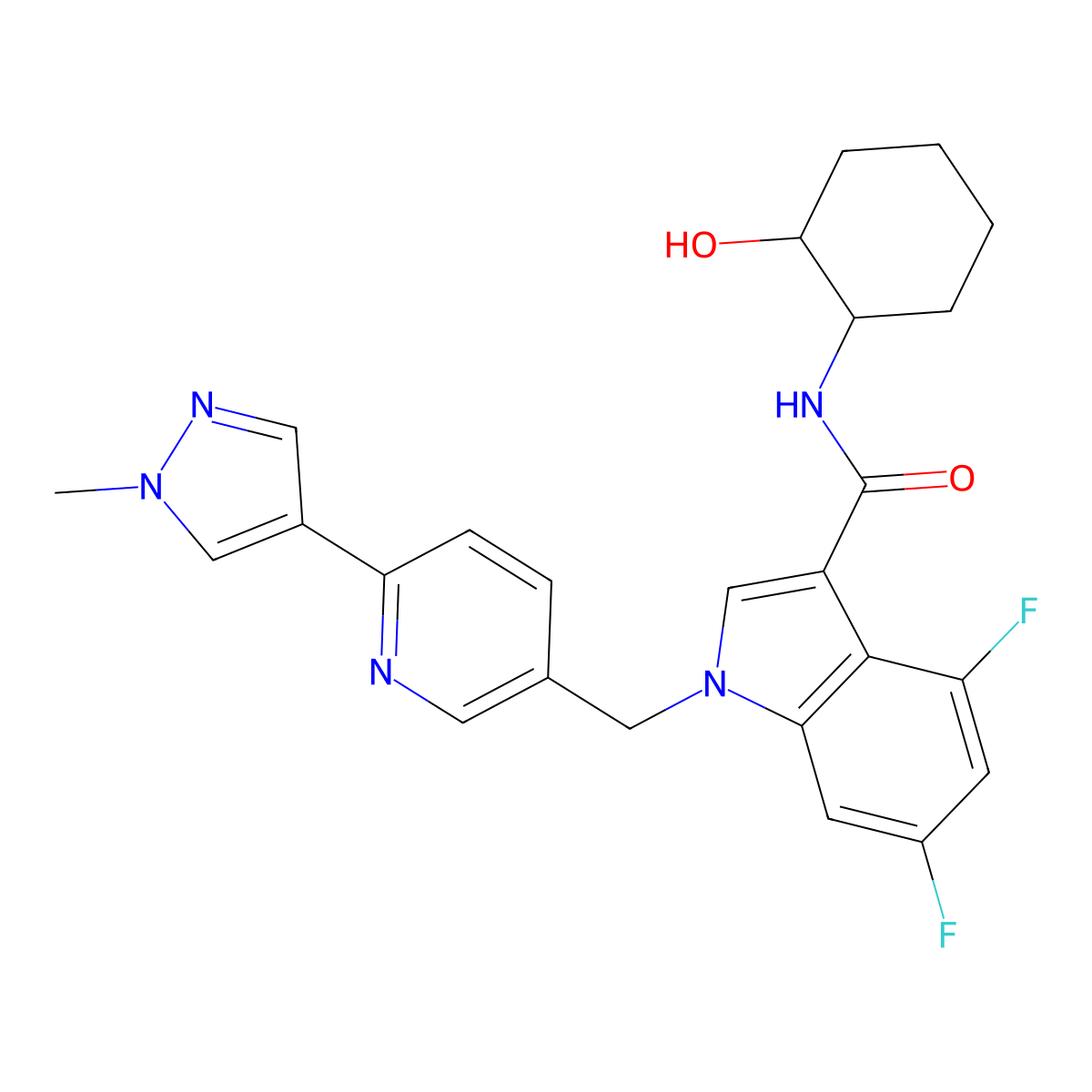 4,6-difluoro-N-[(1S,2S)-2-hydroxycyclohexyl]-1-[[6-(1-methylpyrazol-4-yl)-3-pyridinyl]methyl]indole-3-carboxamide molecular structure, CAS 2011034-33-4