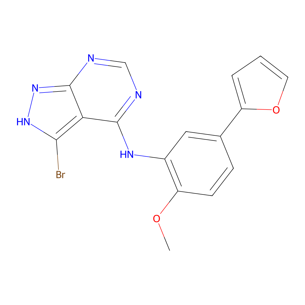 3-bromo-N-(5-(furan-2-yl)-2-methoxyphenyl)-1H-pyrazolo[3,4-d]pyrimidin-4-amine molecular structure, CAS 2011708-48-6