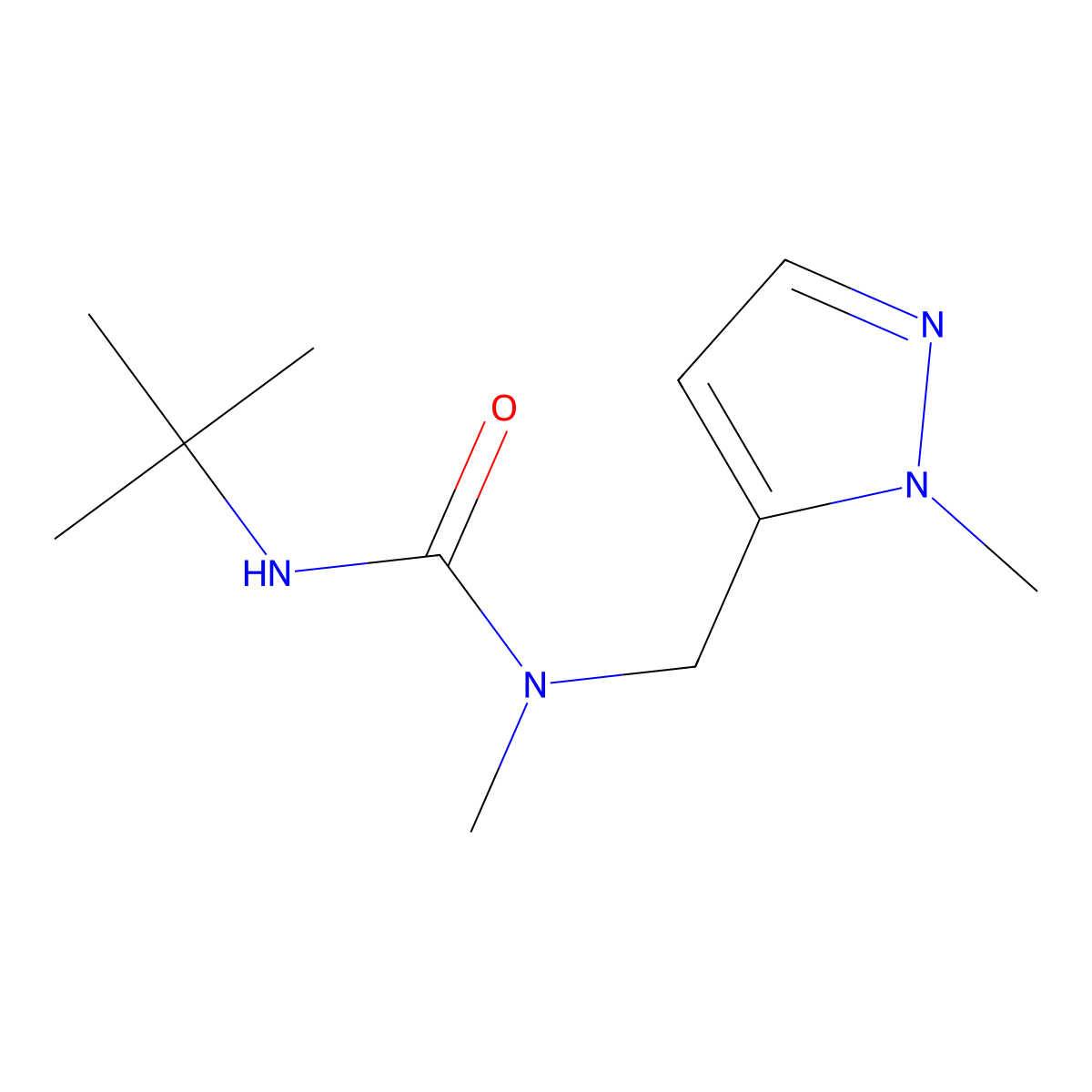 3-(tert-butyl)-1-methyl-1-((1-methyl-1H-pyrazol-5-yl)methyl)urea molecular structure, CAS 2011796-04-4