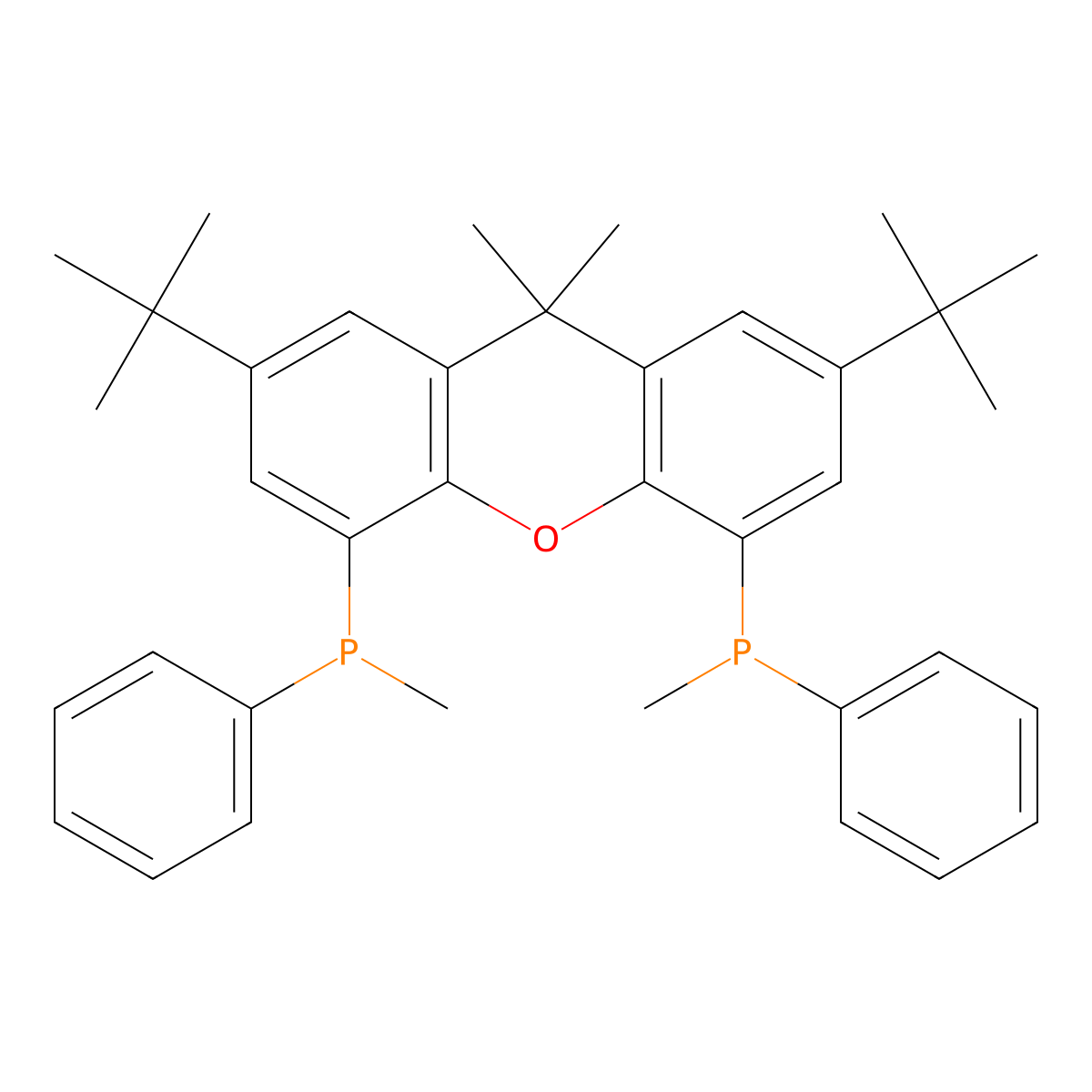 2,7-Di-tert-butyl-9,9-Dimethyl-4,5-bis(methylphenylphosphino)xanthene molecular structure, CAS 201226-85-9