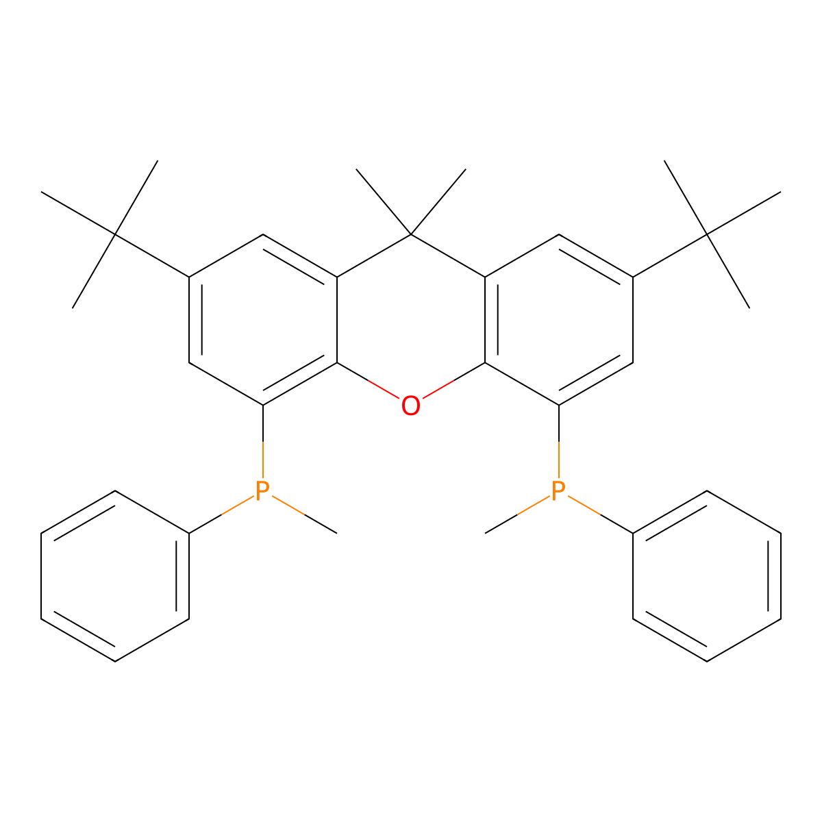 2,7-Di-tert-butyl-9,9-Dimethyl-4,5-bis(methylphenylphosphino)xanthene molecular structure, CAS 201226-85-9