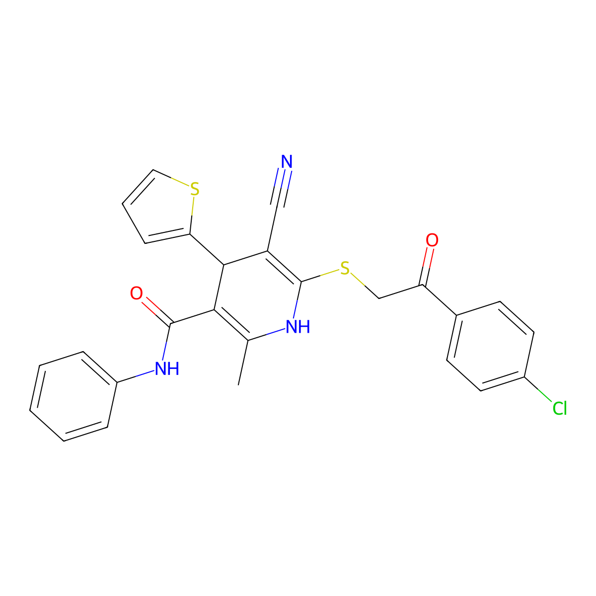 6-{[2-(4-chlorophenyl)-2-oxoethyl]sulfanyl}-5-cyano-2-methyl-N-phenyl-4-(thiophen-2-yl)-1,4-dihydropyridine-3-carboxamide molecular structure, CAS 201273-67-8