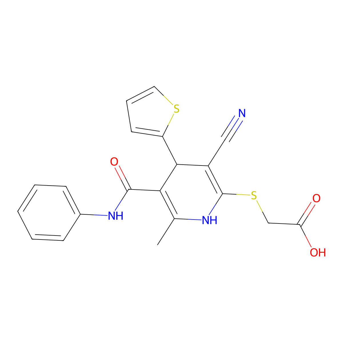 2-{[3-Cyano-6-methyl-5-(phenylcarbamoyl)-4-(thiophen-2-yl)-1,4-dihydropyridin-2-yl]sulfanyl}acetic acid molecular structure, CAS 201273-71-4