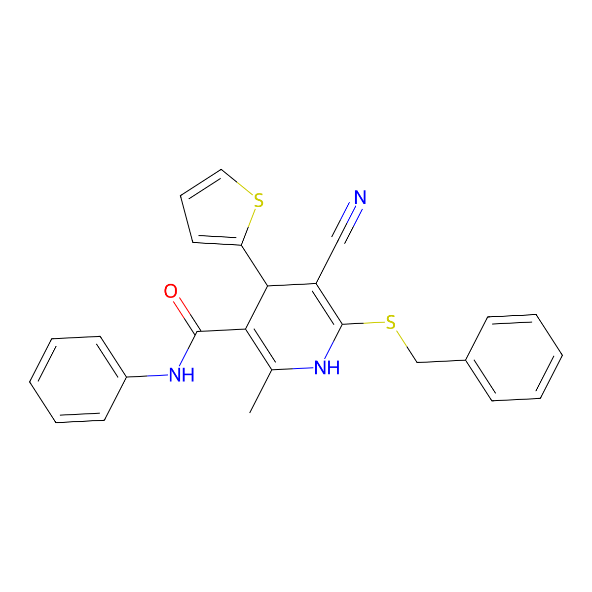 6-(benzylsulfanyl)-5-cyano-2-methyl-N-phenyl-4-(thiophen-2-yl)-1,4-dihydropyridine-3-carboxamide molecular structure, CAS 201273-72-5