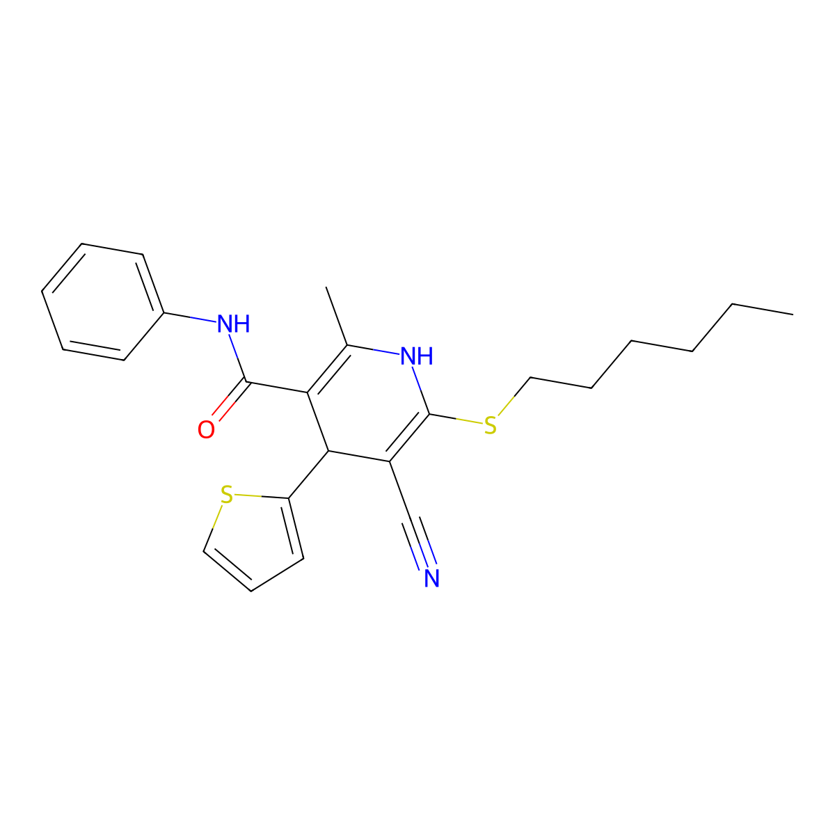 5-cyano-6-(hexylsulfanyl)-2-methyl-N-phenyl-4-(thiophen-2-yl)-1,4-dihydropyridine-3-carboxamide molecular structure, CAS 201273-73-6