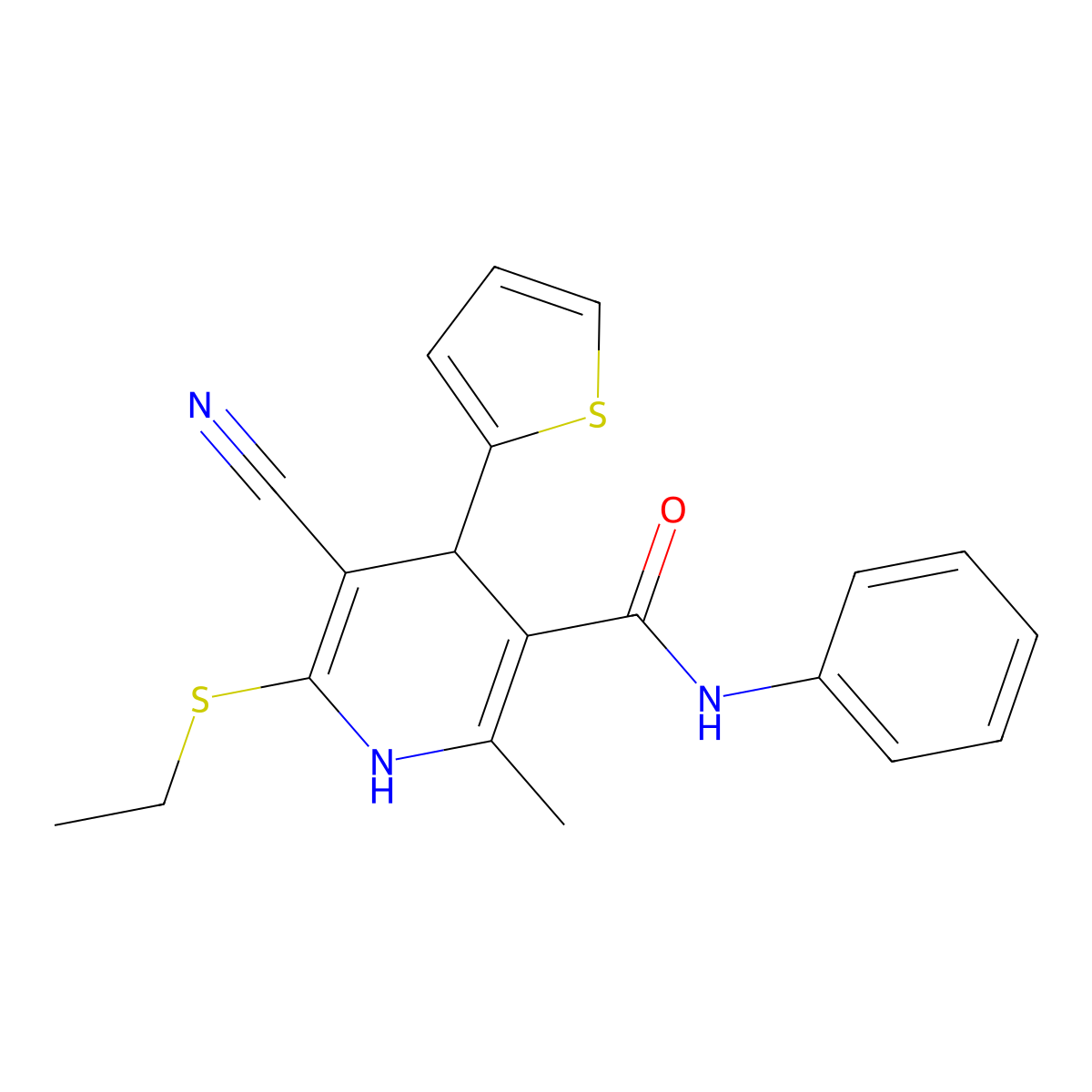 5-cyano-6-ethylsulfanyl-2-methyl-N-phenyl-4-thiophen-2-yl-1,4-dihydropyridine-3-carboxamide molecular structure, CAS 201273-74-7