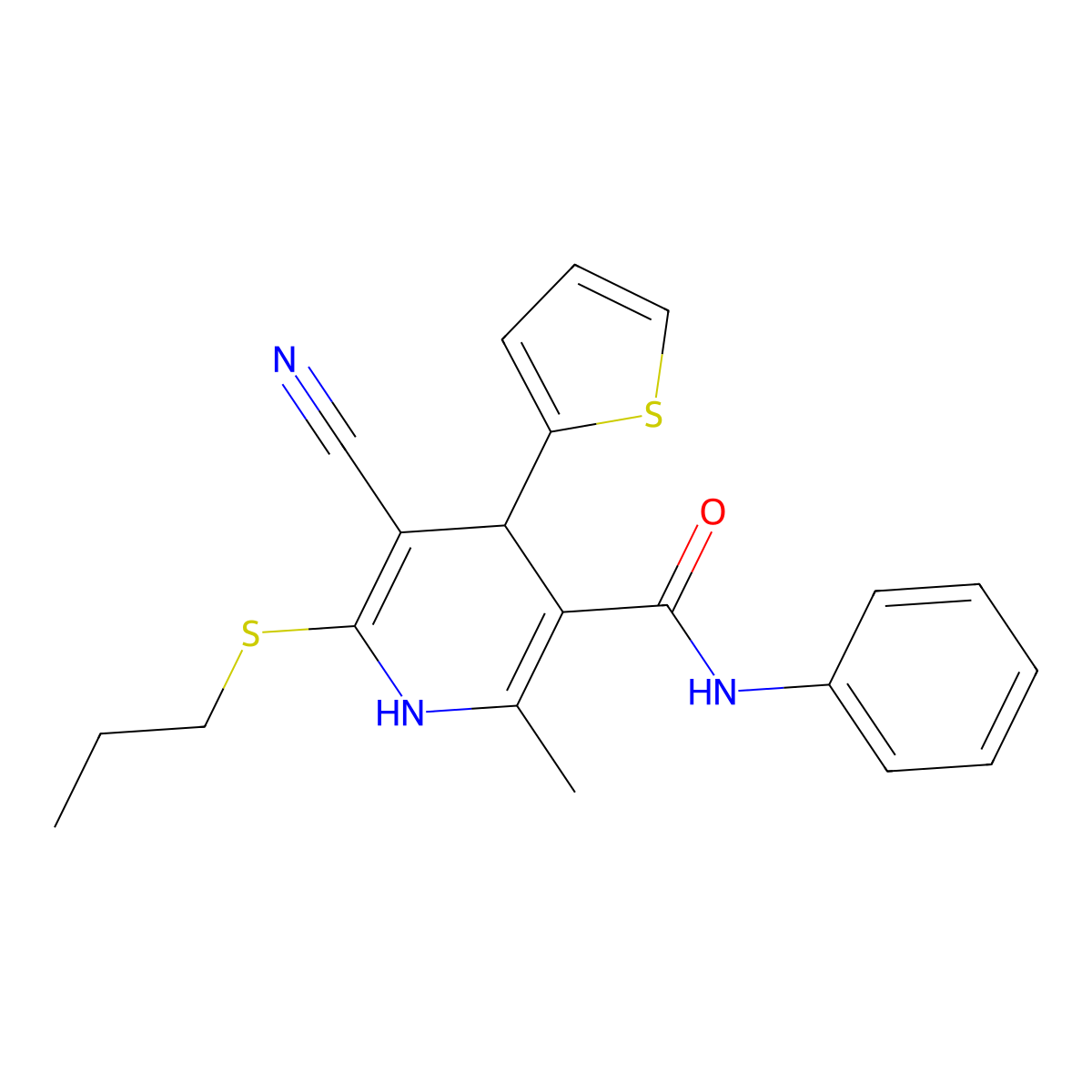 5-cyano-2-methyl-N-phenyl-6-propylsulfanyl-4-thiophen-2-yl-1,4-dihydropyridine-3-carboxamide molecular structure, CAS 201273-75-8