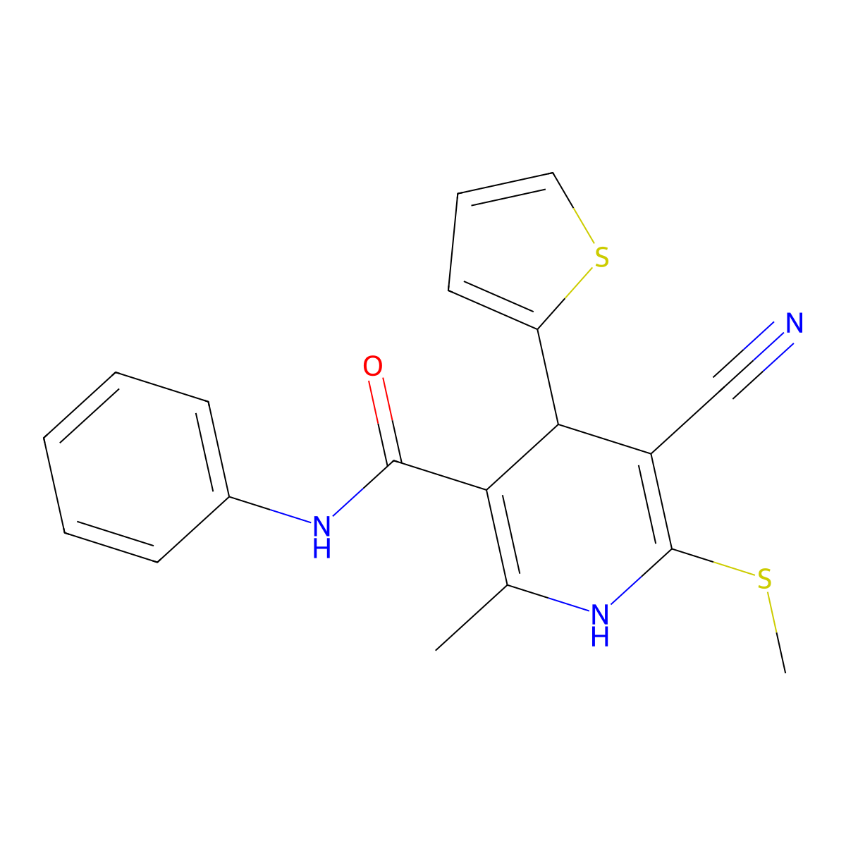 5-cyano-2-methyl-6-methylsulfanyl-N-phenyl-4-thiophen-2-yl-1,4-dihydropyridine-3-carboxamide molecular structure, CAS 201273-76-9