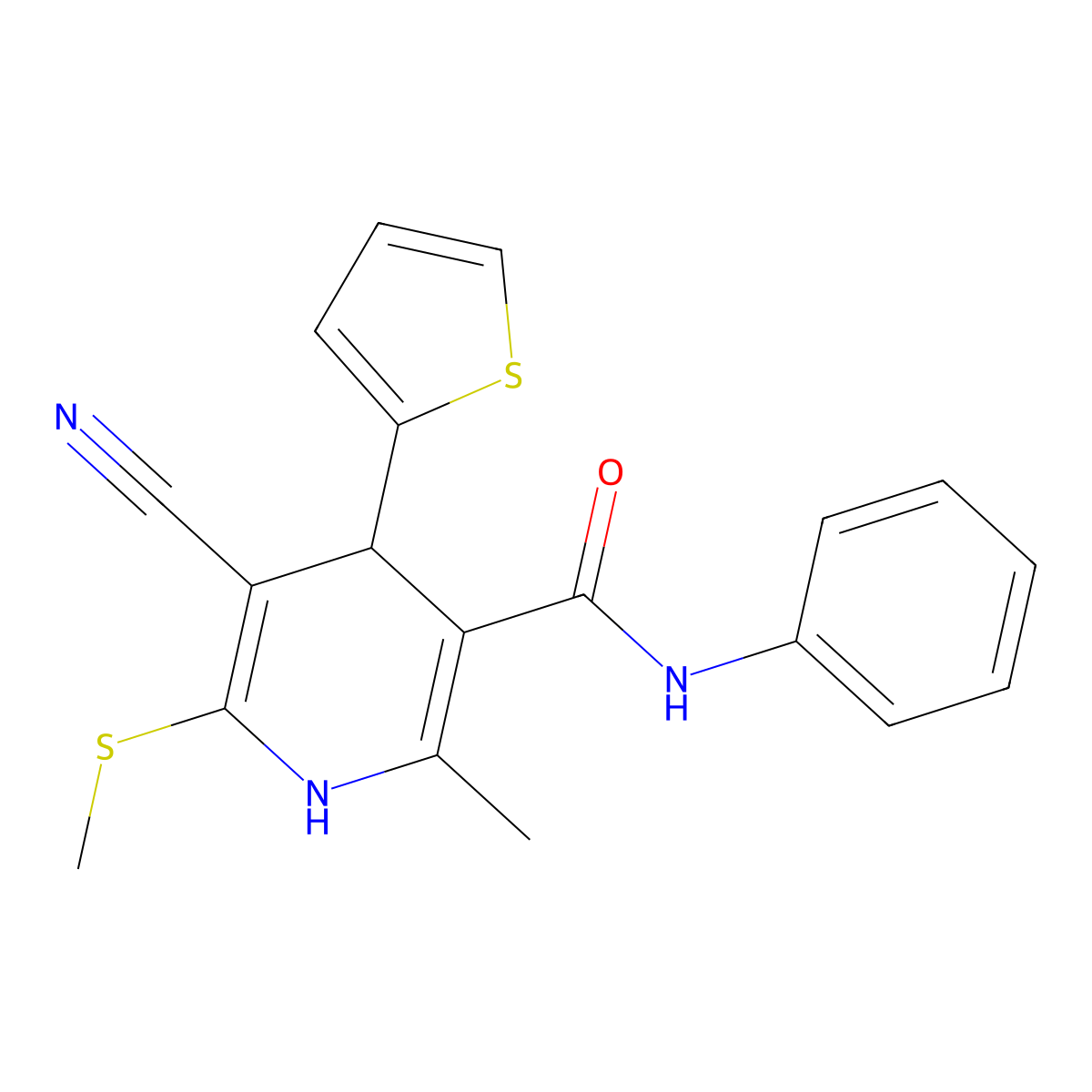 5-cyano-2-methyl-6-methylsulfanyl-N-phenyl-4-thiophen-2-yl-1,4-dihydropyridine-3-carboxamide molecular structure, CAS 201273-76-9