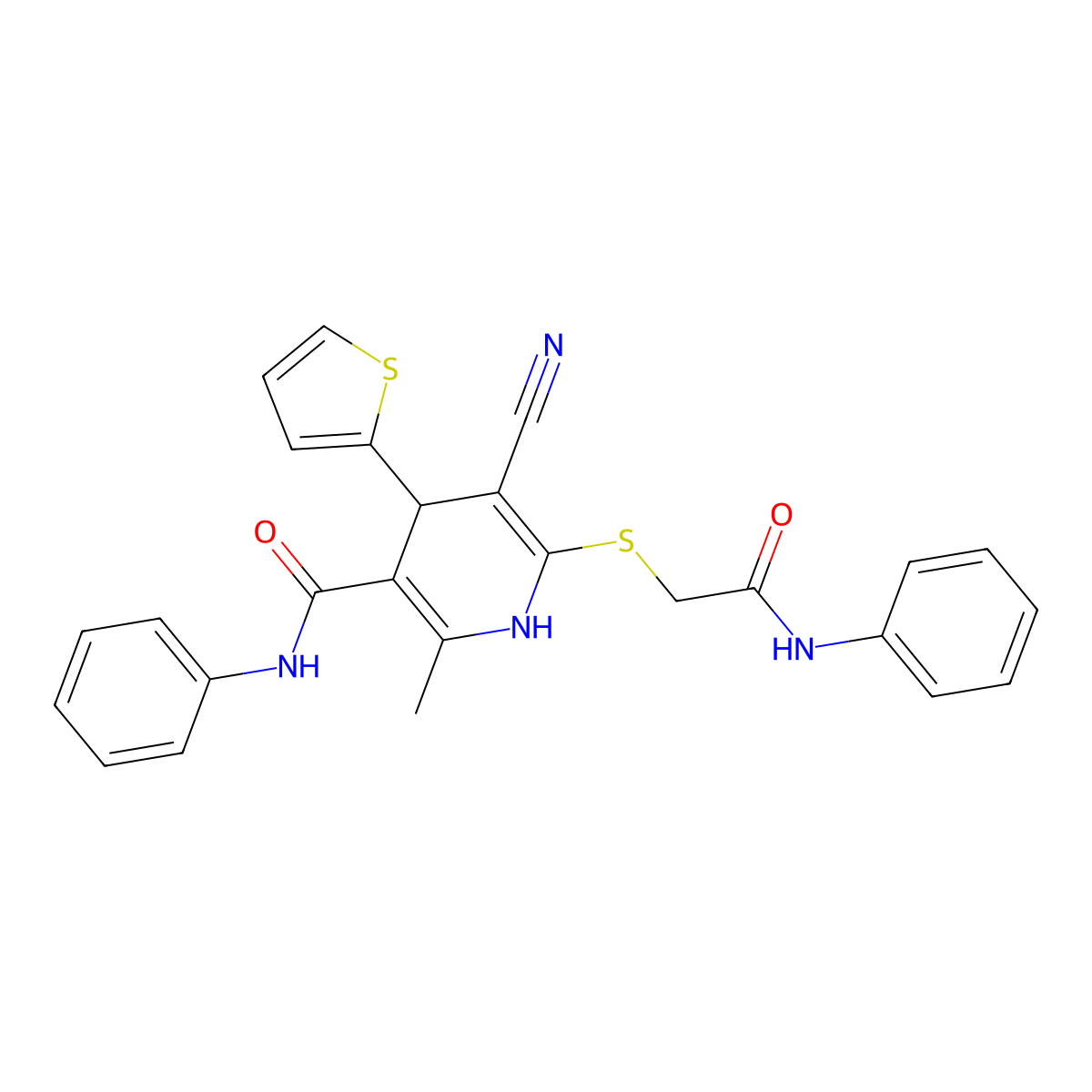 6-(2-anilino-2-oxoethyl)sulfanyl-5-cyano-2-methyl-N-phenyl-4-thiophen-2-yl-1,4-dihydropyridine-3-carboxamide molecular structure, CAS 201273-77-0