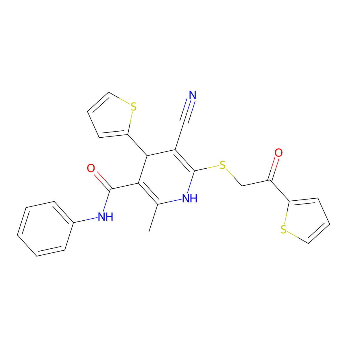5-cyano-2-methyl-6-(2-oxo-2-thiophen-2-ylethyl)sulfanyl-N-phenyl-4-thiophen-2-yl-1,4-dihydropyridine-3-carboxamide molecular structure, CAS 201273-78-1