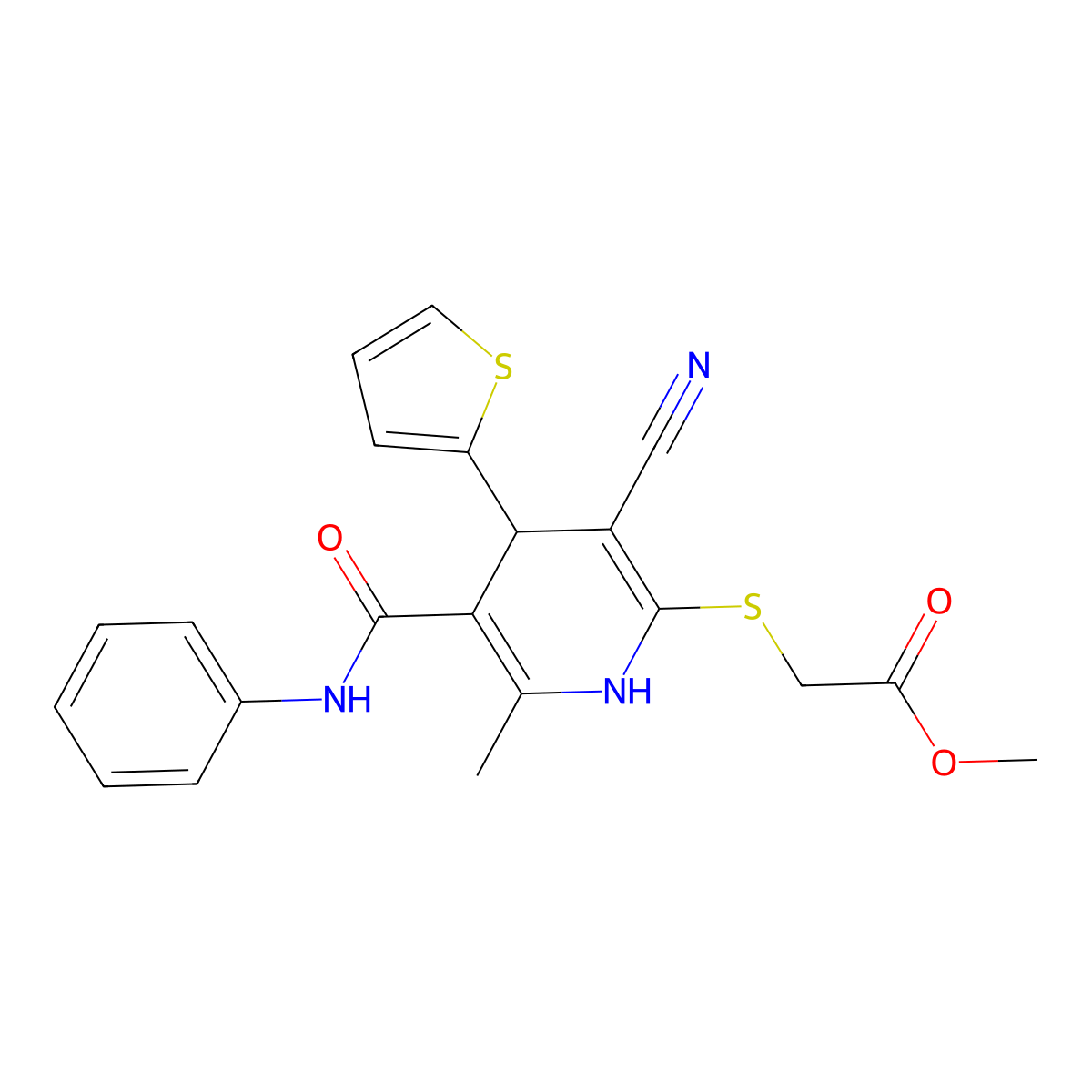 Methyl {[3-cyano-6-methyl-5-(phenylcarbamoyl)-4-(thiophen-2-yl)-1,4-dihydropyridin-2-yl]sulfanyl}acetate molecular structure, CAS 201273-80-5