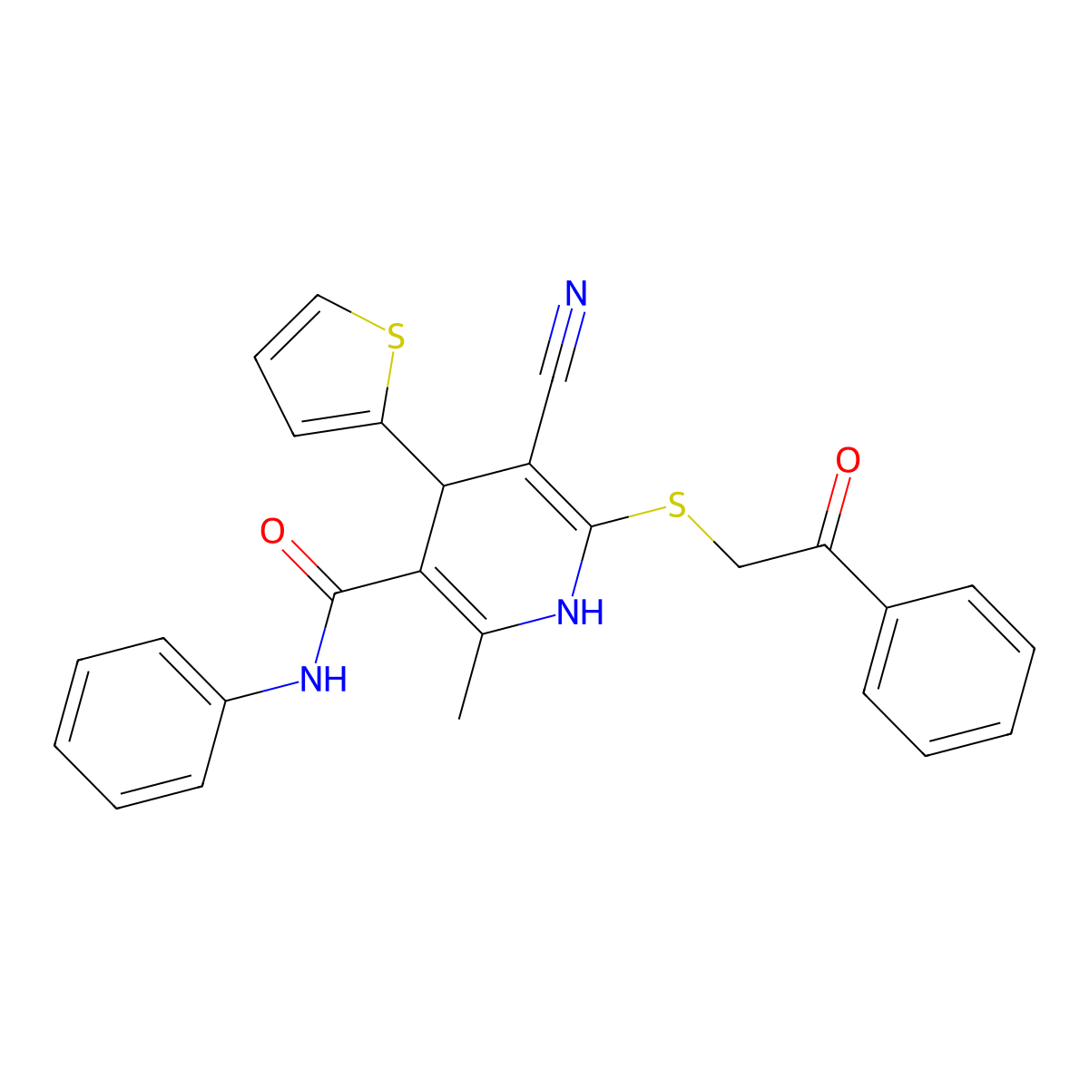 5-cyano-2-methyl-6-[(2-oxo-2-phenylethyl)sulfanyl]-N-phenyl-4-(thiophen-2-yl)-1,4-dihydropyridine-3-carboxamide molecular structure, CAS 201273-82-7