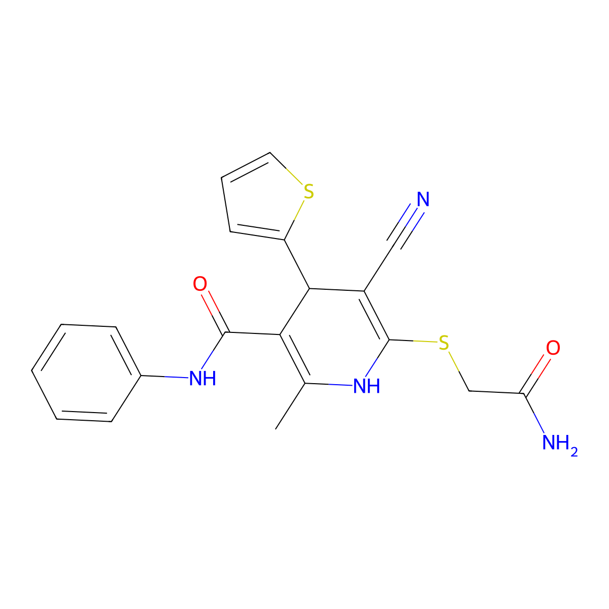 6-Carbamoylmethylsulfanyl-5-cyano-2-methyl-4-thiophen-2-yl-1,4-dihydro-pyridine- molecular structure, CAS 201273-83-8
