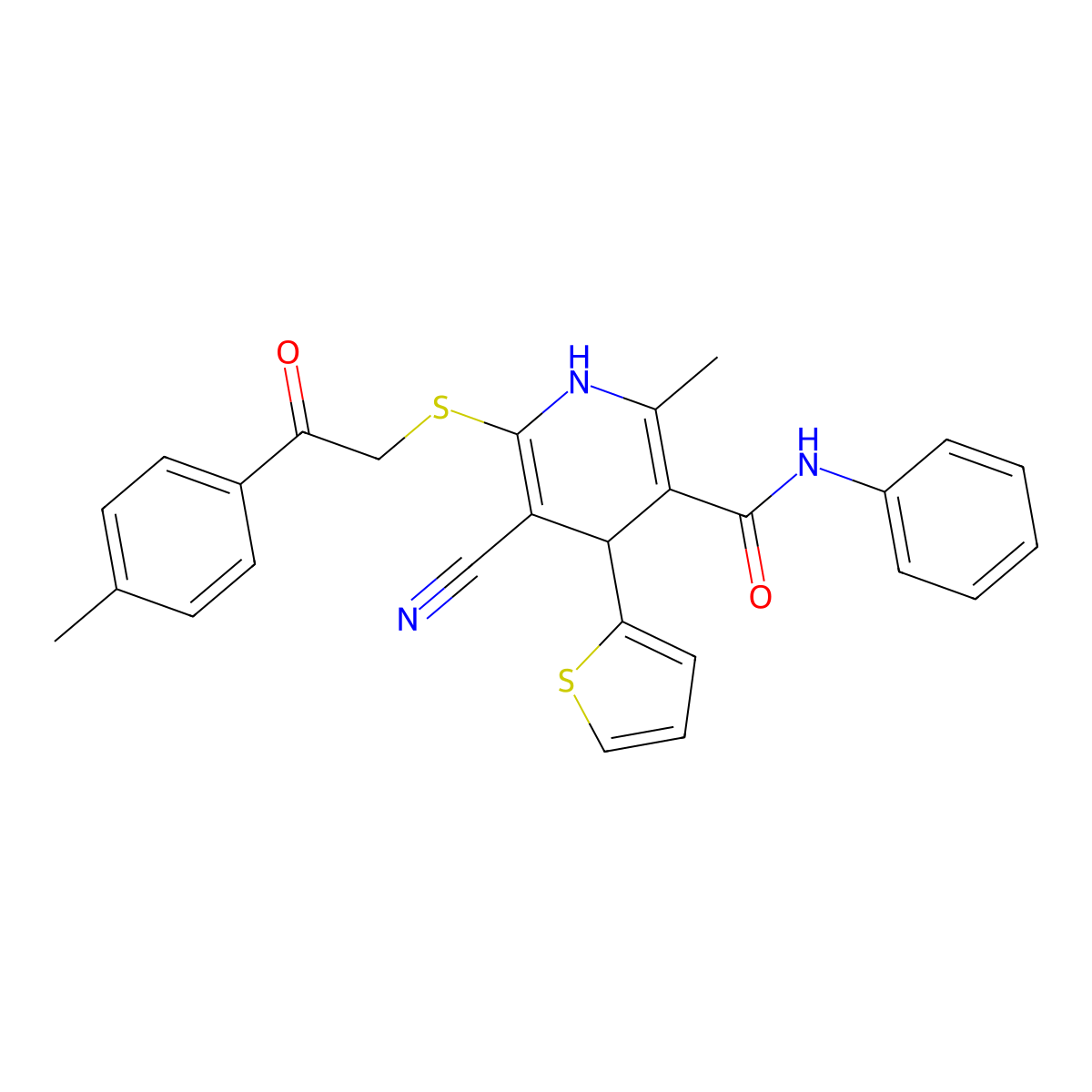 5-cyano-2-methyl-6-[2-(4-methylphenyl)-2-oxoethyl]sulfanyl-N-phenyl-4-thiophen-2-yl-1,4-dihydropyridine-3-carboxamide molecular structure, CAS 201273-84-9
