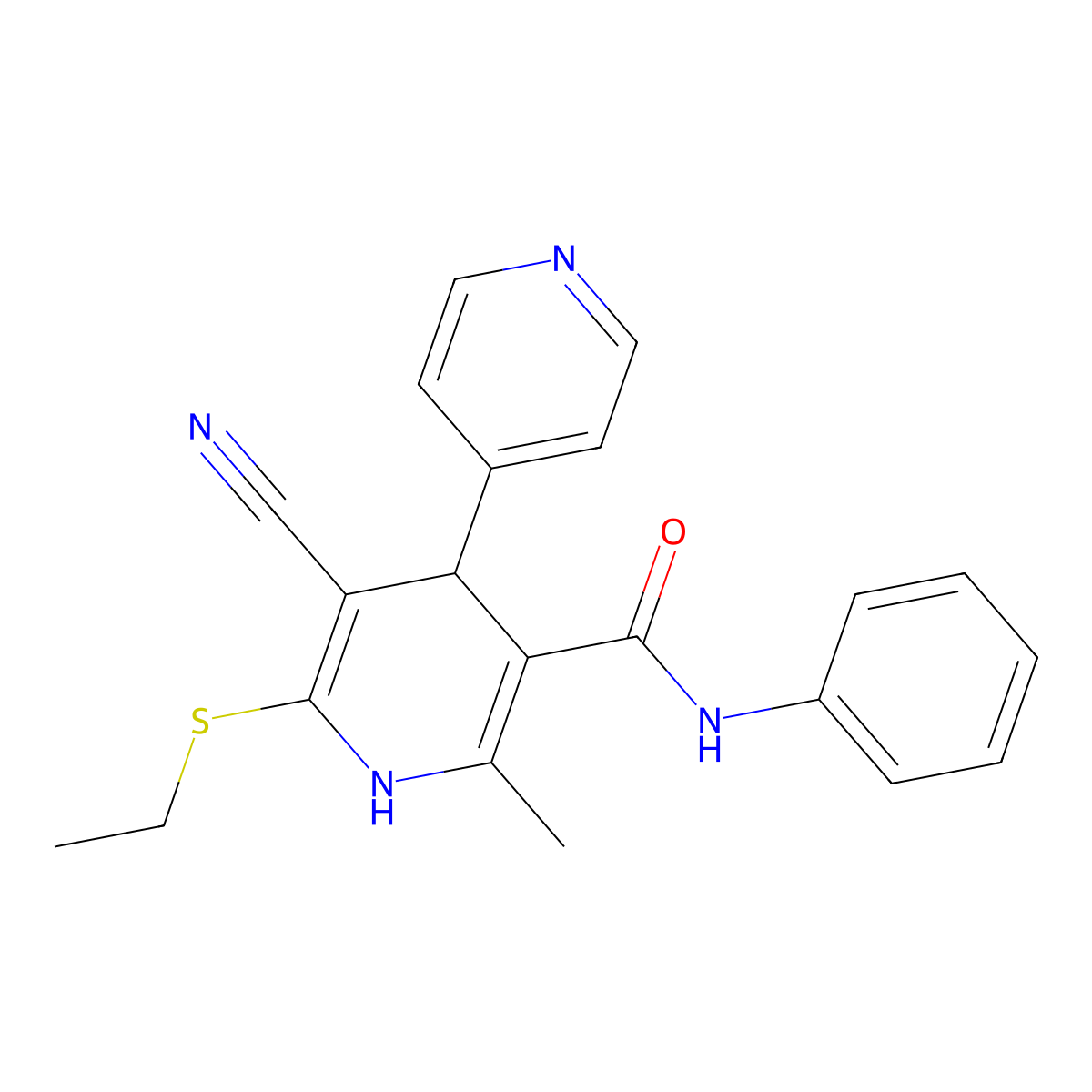 5-cyano-6-ethylsulfanyl-2-methyl-N-phenyl-4-pyridin-4-yl-1,4-dihydropyridine-3-carboxamide molecular structure, CAS 201274-20-6