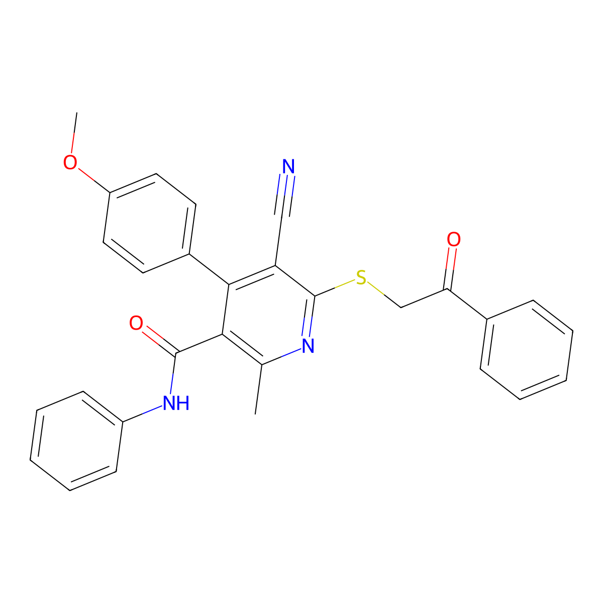 5-cyano-4-(4-methoxyphenyl)-2-methyl-6-[(2-oxo-2-phenylethyl)sulfanyl]-N-phenylpyridine-3-carboxamide molecular structure, CAS 201281-08-5