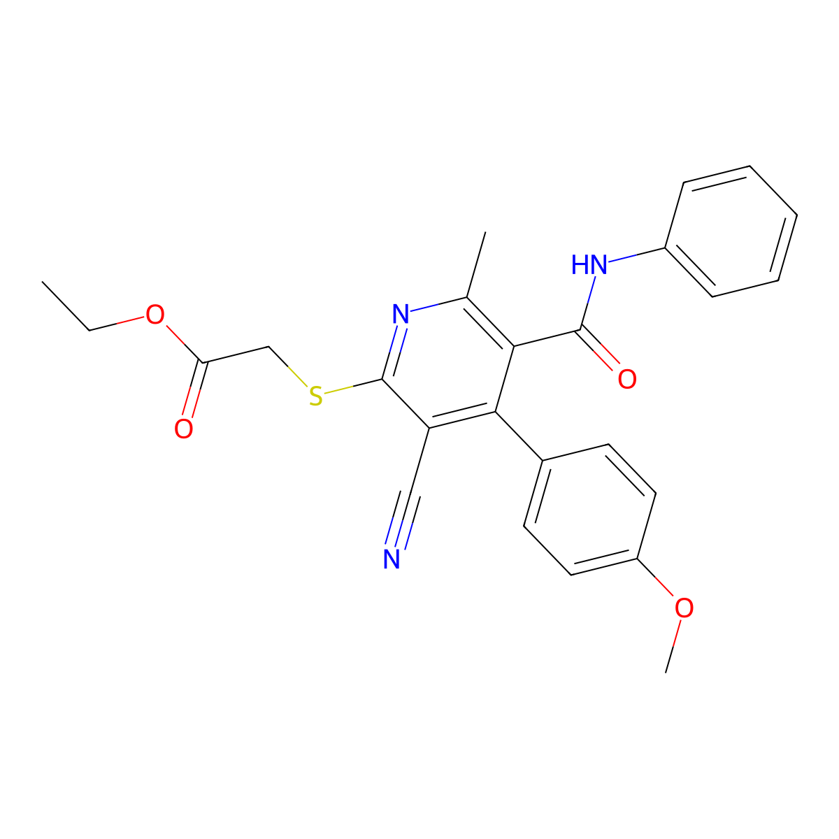 Ethyl {[3-cyano-4-(4-methoxyphenyl)-6-methyl-5-(phenylcarbamoyl)pyridin-2-yl]sulfanyl}acetate molecular structure, CAS 201281-13-2