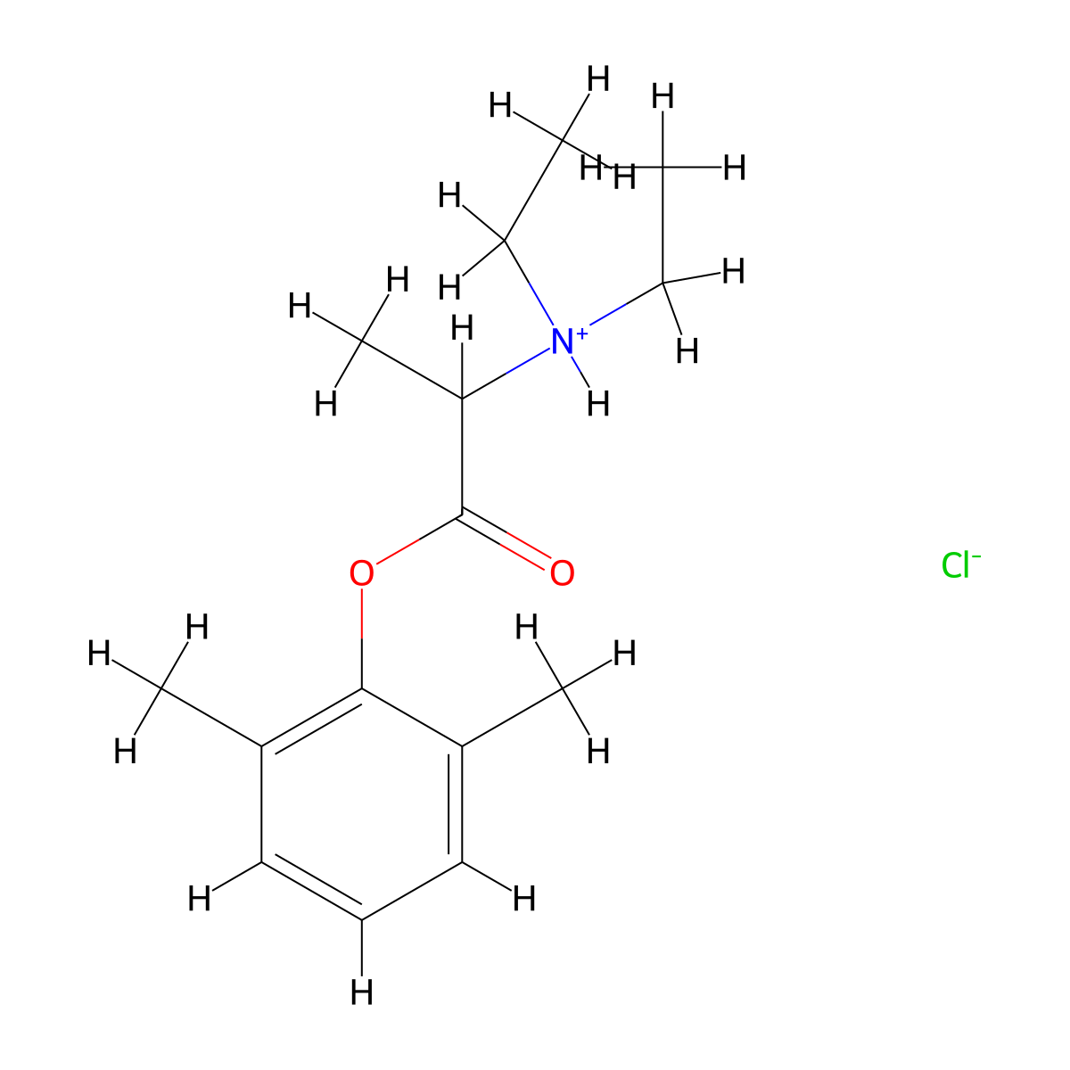2,6-Dimethylphenyl N,N-diethylalaninate--hydrogen chloride (1/1) molecular structure, CAS 2014-27-9