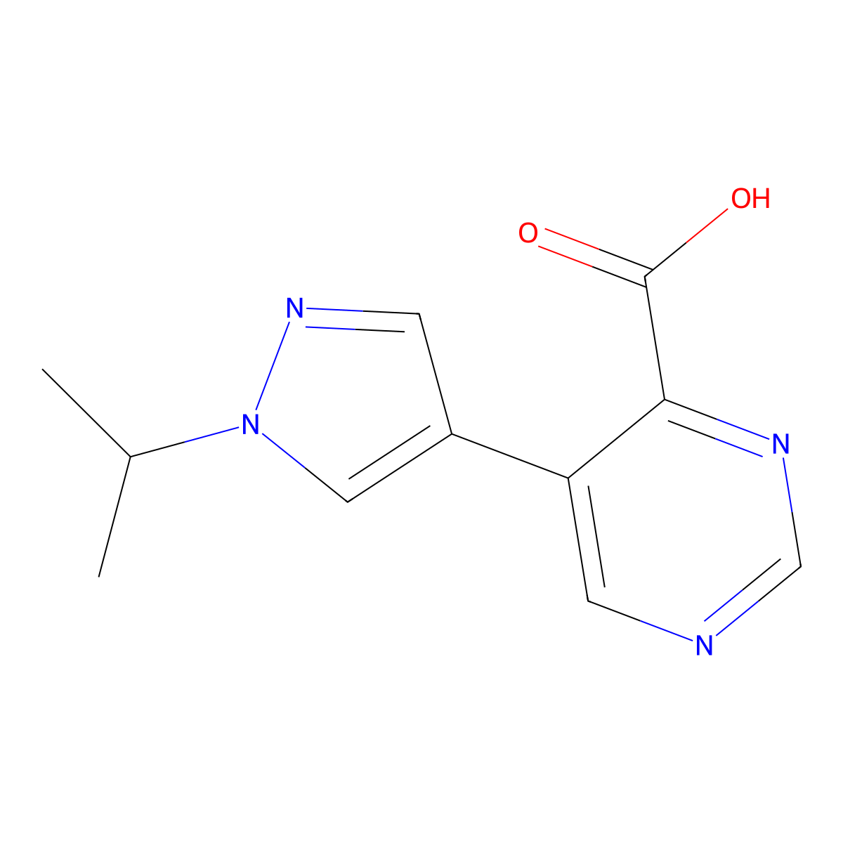 5-[1-(propan-2-yl)-1H-pyrazol-4-yl]pyrimidine-4-carboxylic acid molecular structure, CAS 2015603-34-4