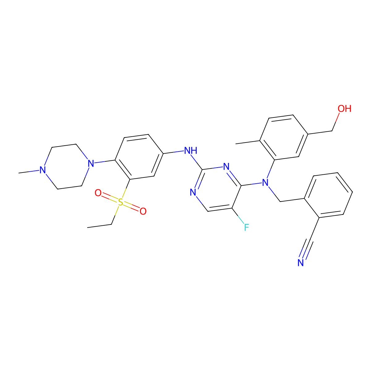 2-(((2-((3-(Ethylsulfonyl)-4-(4-methylpiperazin-1-yl)phenyl)amino)-5-fluoropyrimidin-4-yl)(5-(hydroxymethyl)-2-methylphenyl)amino)methyl)benzonitrile molecular structure, CAS 2016806-57-6