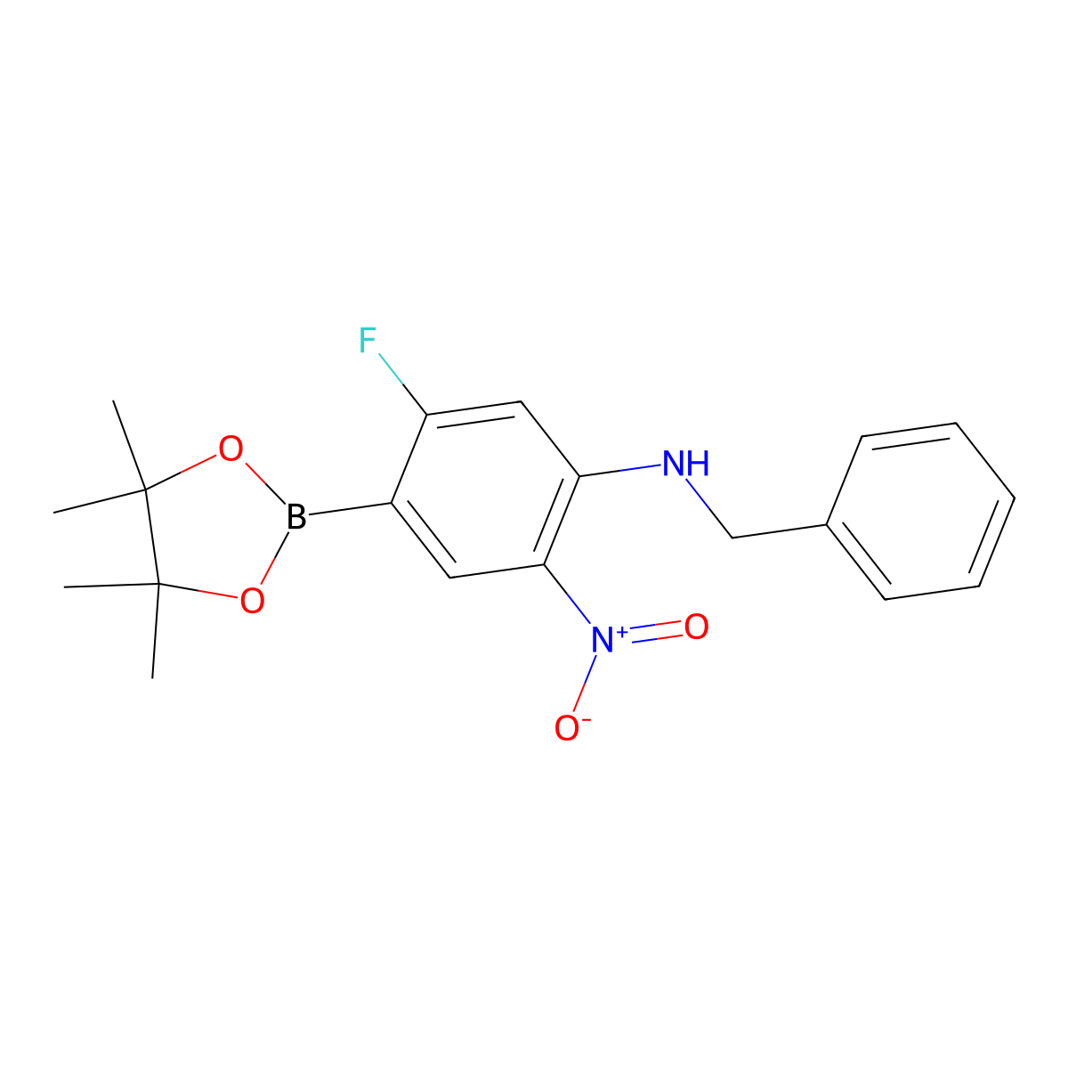 N-Benzyl-5-fluoro-2-nitro-4-(tetramethyl-1,3,2-dioxaborolan-2-yl)aniline molecular structure, CAS 2018286-73-0
