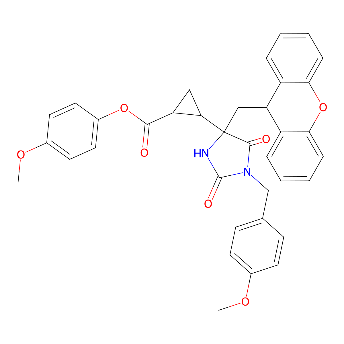 (4-methoxyphenyl) 2-[1-[(4-methoxyphenyl)methyl]-2,5-dioxo-4-(9H-xanthen-9-ylmethyl)imidazolidin-4-yl]cyclopropane-1-carboxylate molecular structure, CAS 201851-12-9