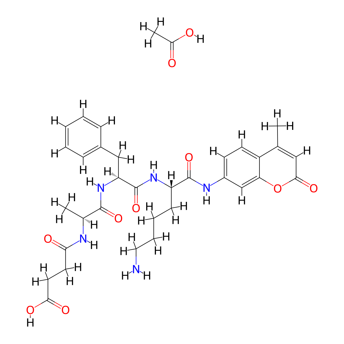 acetic acid;4-[[(2S)-1-[[(2S)-1-[[(2S)-6-amino-1-[(4-methyl-2-oxochromen-7-yl)amino]-1-oxohexan-2-yl]amino]-1-oxo-3-phenylpropan-2-yl]amino]-1-oxopropan-2-yl]amino]-4-oxobutanoic acid molecular structure, CAS 201859-63-4