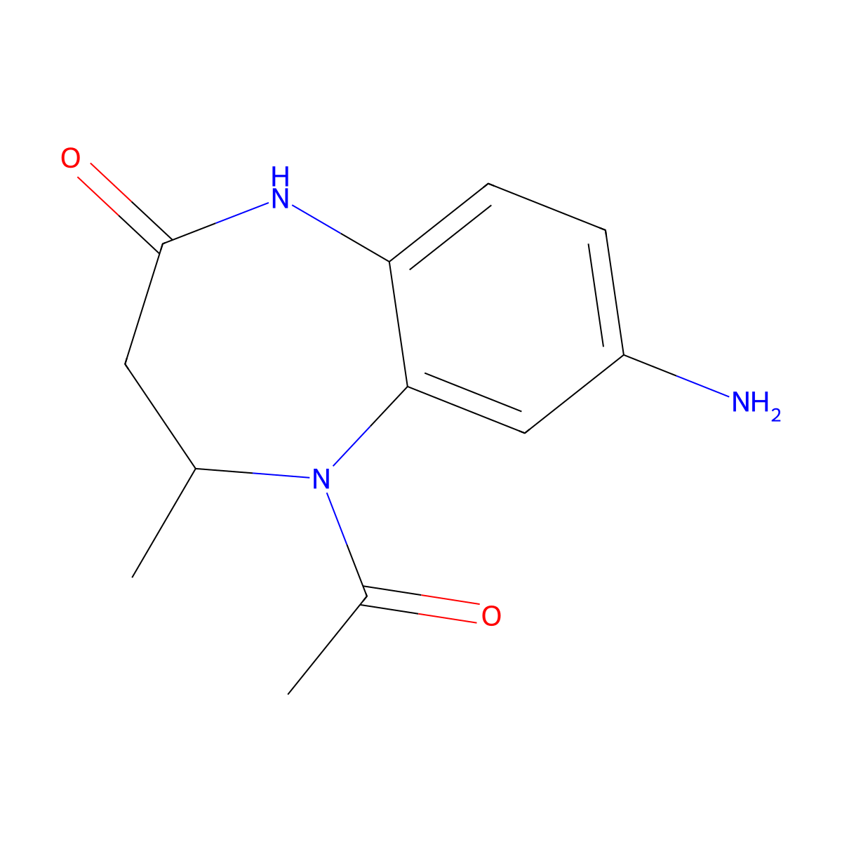 5-Acetyl-7-amino-4-methyl-1,3,4,5-tetrahydro-2H-1,5-benzodiazepin-2-one molecular structure, CAS 201983-47-3