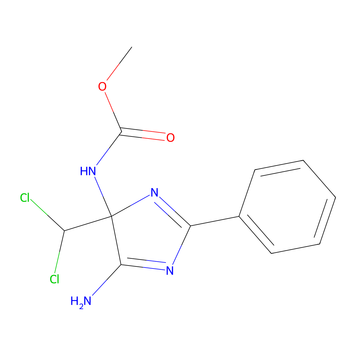 (5-Amino-4-dichloromethyl-2-phenyl-4H-imidazol-4-YL)-carbamic acid methyl ester molecular structure, CAS 201992-50-9