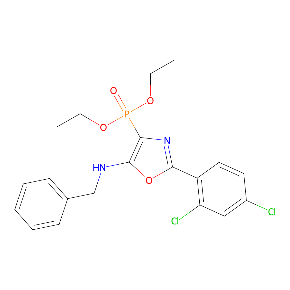 Diethyl 5-(benzylamino)-2-(2,4-dichlorophenyl)-1,3-oxazol-4-ylphosphonate molecular structure, CAS 201993-49-9