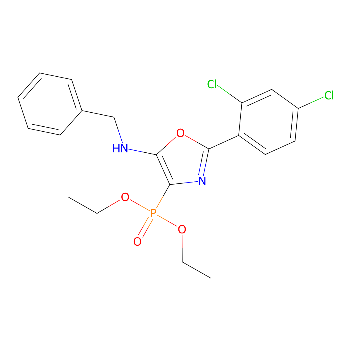 Diethyl 5-(benzylamino)-2-(2,4-dichlorophenyl)-1,3-oxazol-4-ylphosphonate molecular structure, CAS 201993-49-9