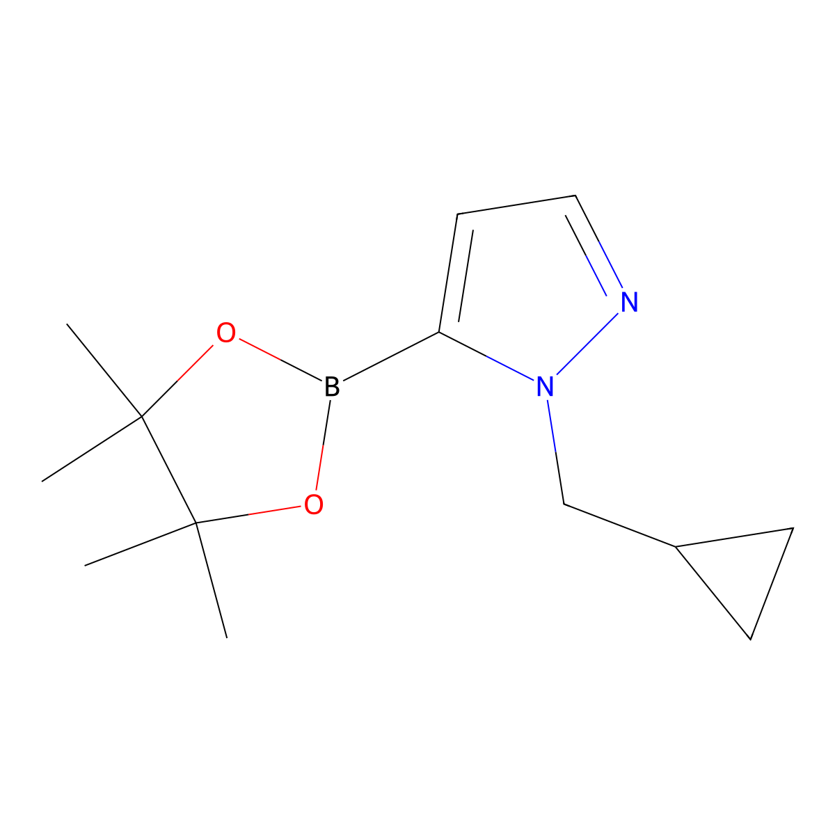 1-(cyclopropylmethyl)-5-(tetramethyl-1,3,2-dioxaborolan-2-yl)-1H-pyrazole molecular structure, CAS 2019997-41-0