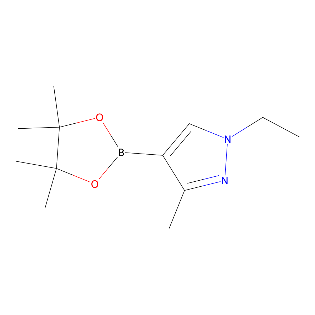 1-ethyl-3-methyl-4-(tetramethyl-1,3,2-dioxaborolan-2-yl)-1H-pyrazole molecular structure, CAS 2019997-43-2