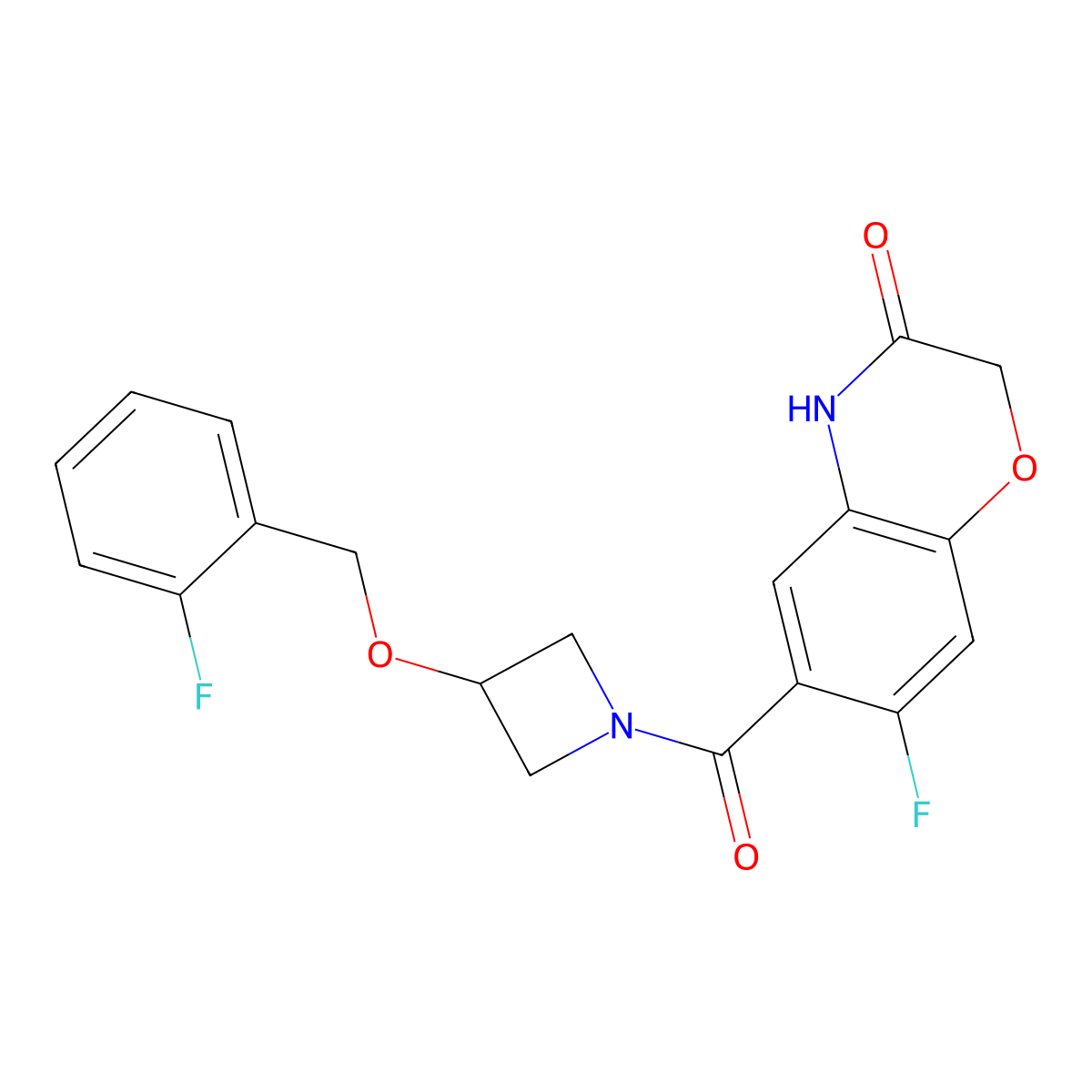 7-fluoro-6-{3-[(2-fluorophenyl)methoxy]azetidine-1-carbonyl}-3,4-dihydro-2H-1,4-benzoxazin-3-one molecular structure, CAS 2020030-38-8