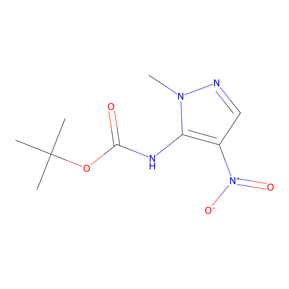 tert-butyl N-(1-methyl-4-nitro-1H-pyrazol-5-yl)carbamate molecular structure, CAS 2020396-22-7