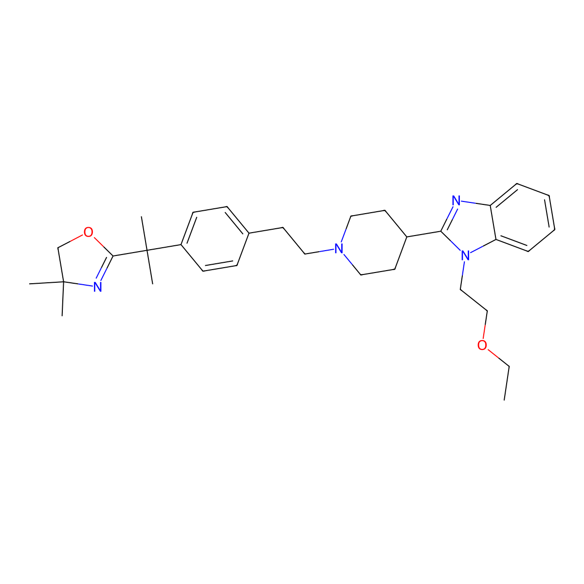 2-(1-(2-(4-(1-(4,5-Dihydro-4,4-dimethyl-2-oxazolyl)-1-methylethyl)phenyl)ethyl)-4-piperidinyl)-1-(2-ethoxyethyl)-1H-benzimidazole molecular structure, CAS 202189-77-3