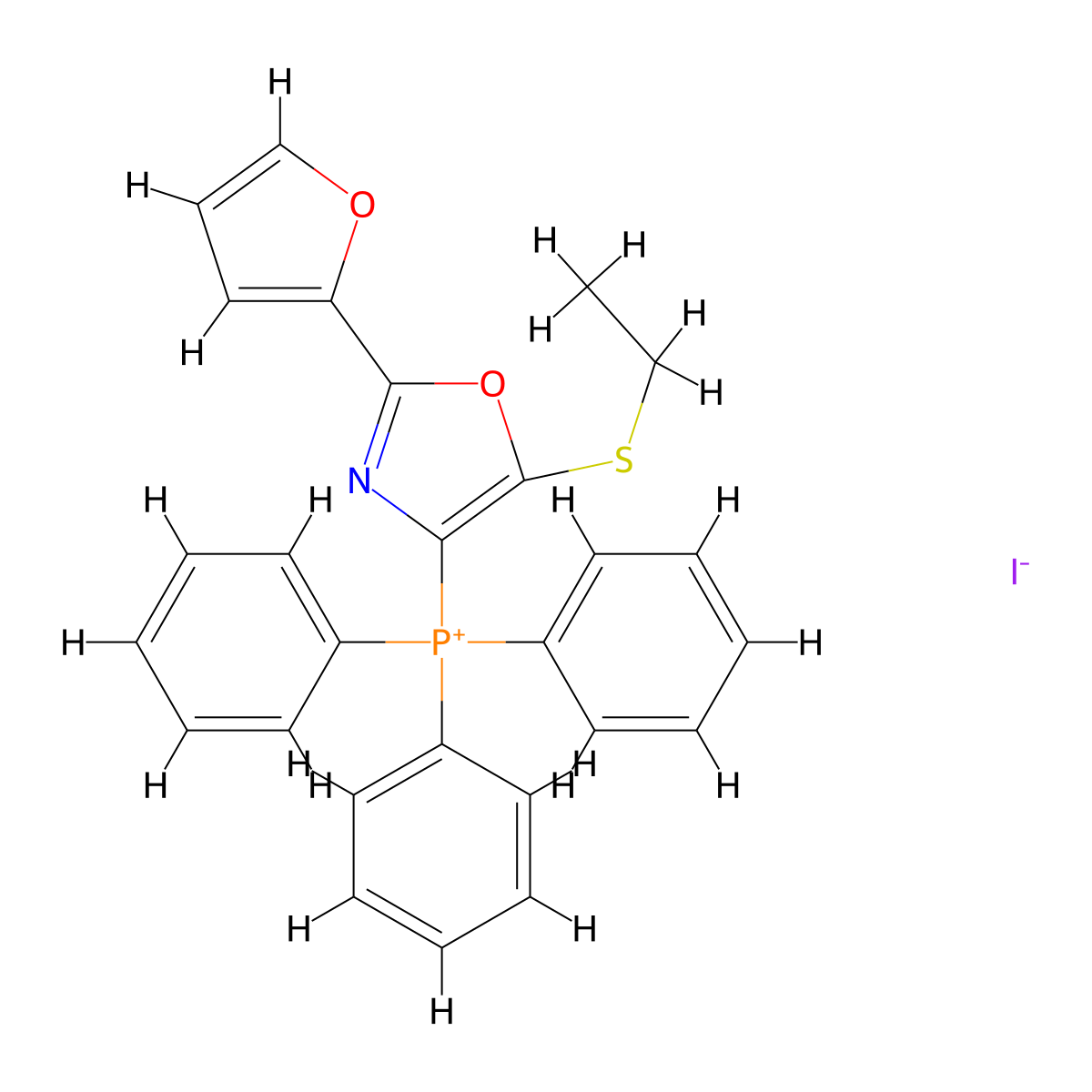 (5-(Ethylthio)-2-(furan-2-yl)oxazol-4-yl)triphenylphosphonium iodide molecular structure, CAS 202191-57-9
