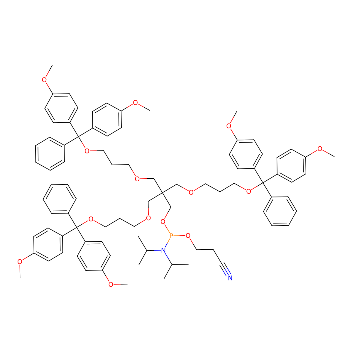 3-(3-(Bis(4-methoxyphenyl)(phenyl)methoxy)propoxy)-2,2-bis((3-(bis(4-methoxyphenyl)(phenyl)methoxy)propoxy)methyl)propyl (2-cyanoethyl) diisopropylphosphoramidite molecular structure, CAS 202193-93-9