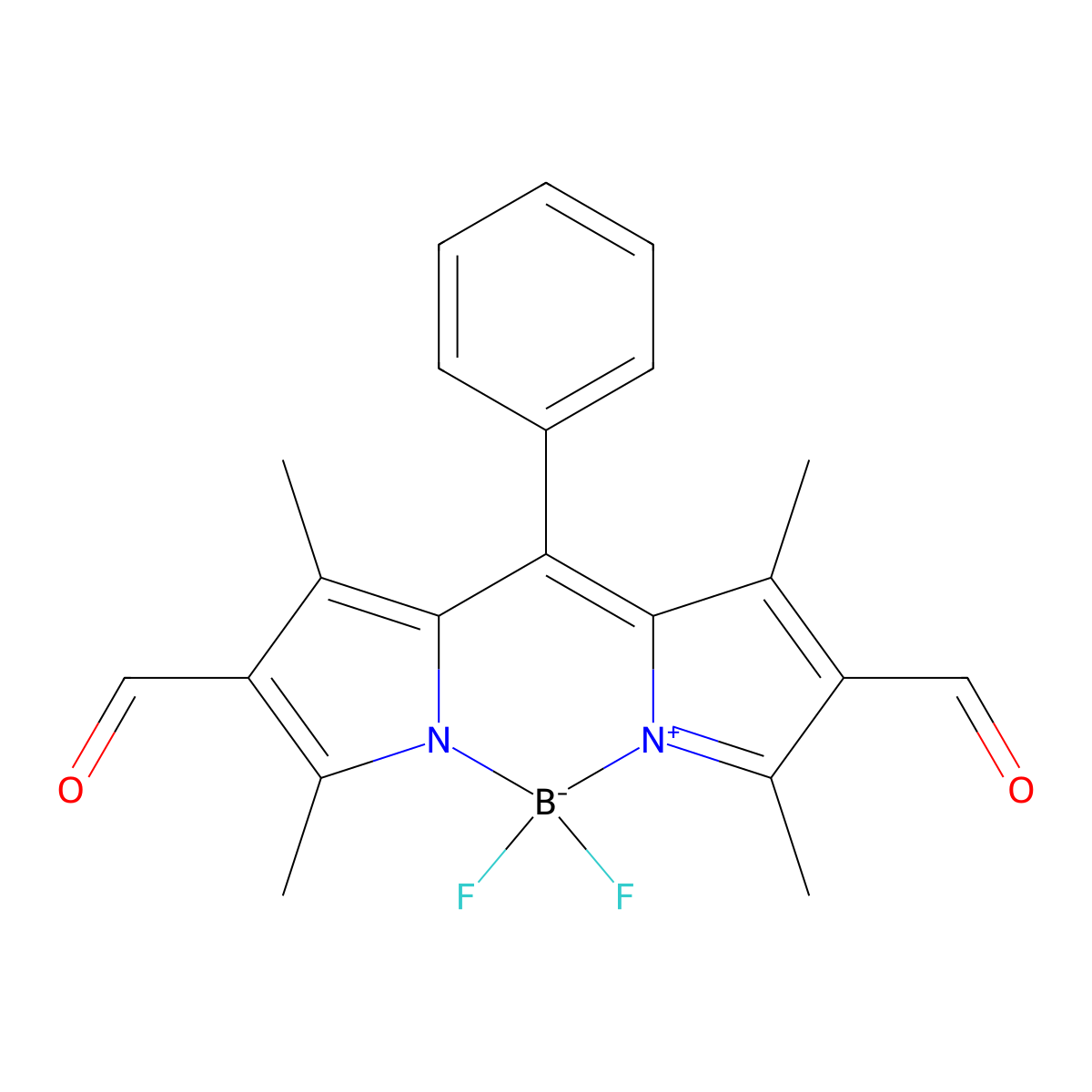 5,5-Difluoro-1,3,7,9-tetramethyl-10-phenyl-5H-4l4,5l4-dipyrrolo[1,2-c:2',1'-f][1,3,2]diazaborinine-2,8-dicarbaldehyde molecular structure, CAS 2022166-57-8