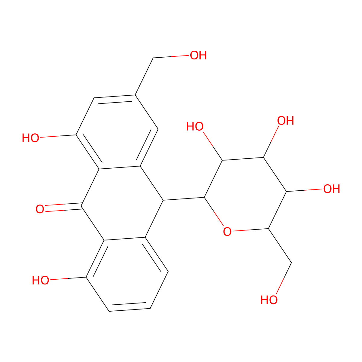 1,8-Dihydroxy-3-(Hydroxymethyl)-10-(3,4,5-Trihydroxy-6-(Hydroxymethyl)Oxan-2-Yl)-10H-Anthracen-9-One molecular structure, CAS 20226-90-8