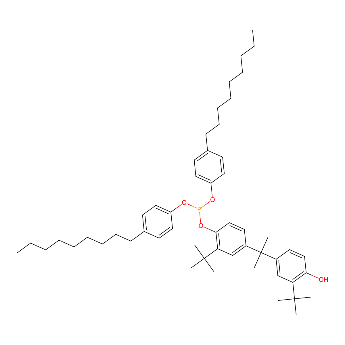 4,4'-Isopropylidenebis(2-tert-butylphenol) bis(4-nonylphenyl) phosphite molecular structure, CAS 20227-53-6